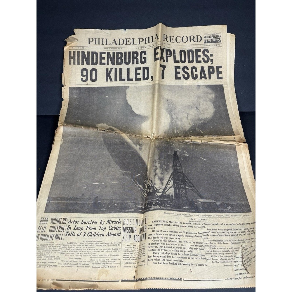 1937 Philadelphia Record Hindenburg Disaster Newspaper May 7 Original AS IS